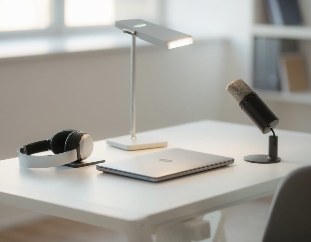 Setup profesional con micrófono y auriculares para el Kit del Comunicador Influyente en entornos de empresa.